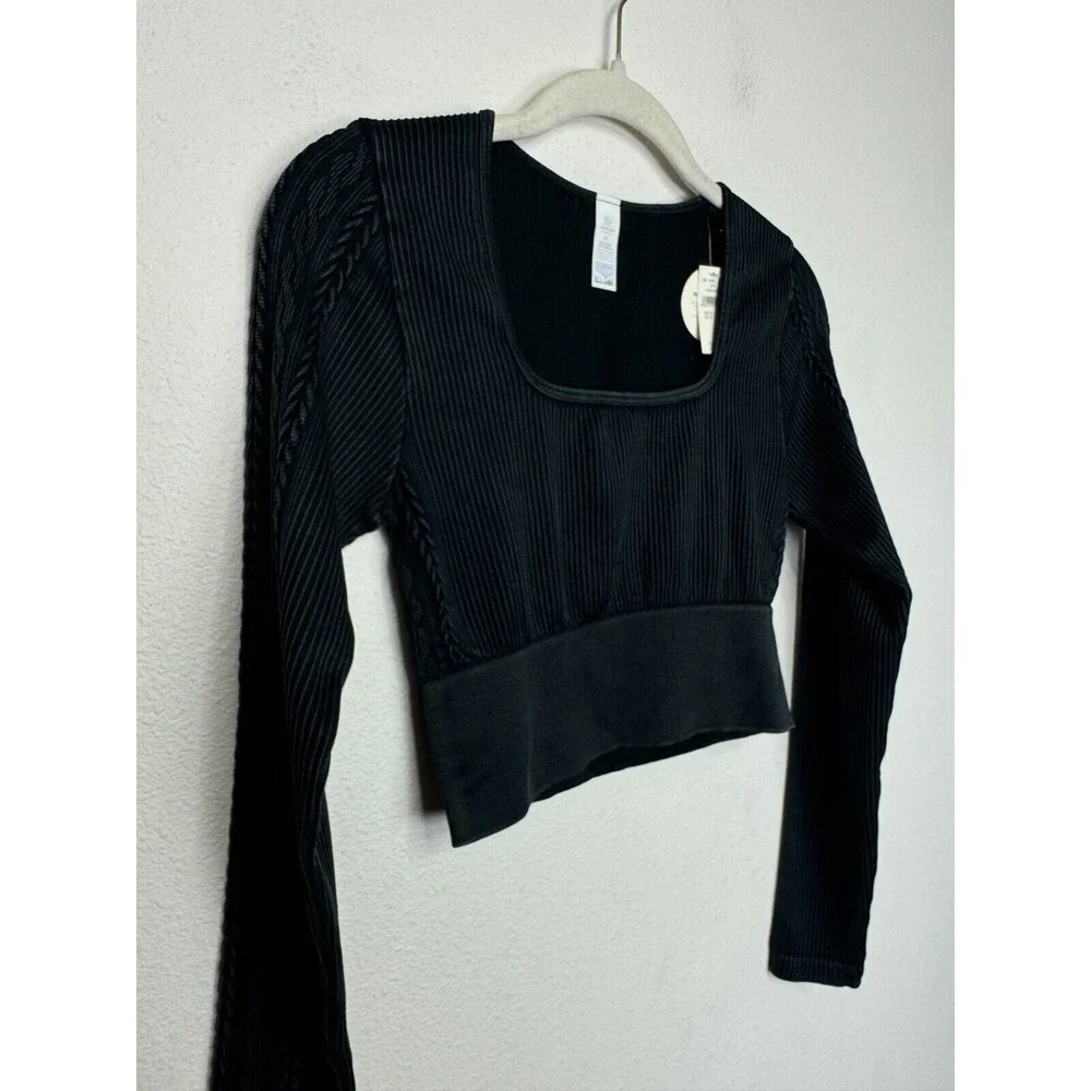 OFFLINE Aerie Seamless Cable Cropped Acid Wash Top Sz S Black Long Sleeve New